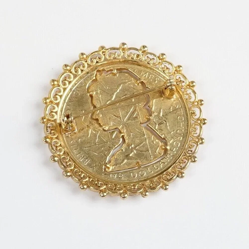 1974 Elizabeth II New Zealand Framed Cut Coin Brooch Gold Tone